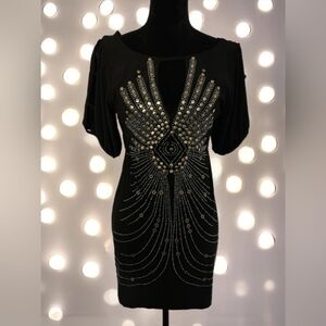 Black and Gold Embellished Cut Out Dress